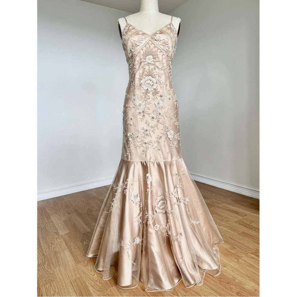 Sz 6//Small Vintage Y2K Sue Wong Nude Champagne Beaded Formal Wedding Prom Dress